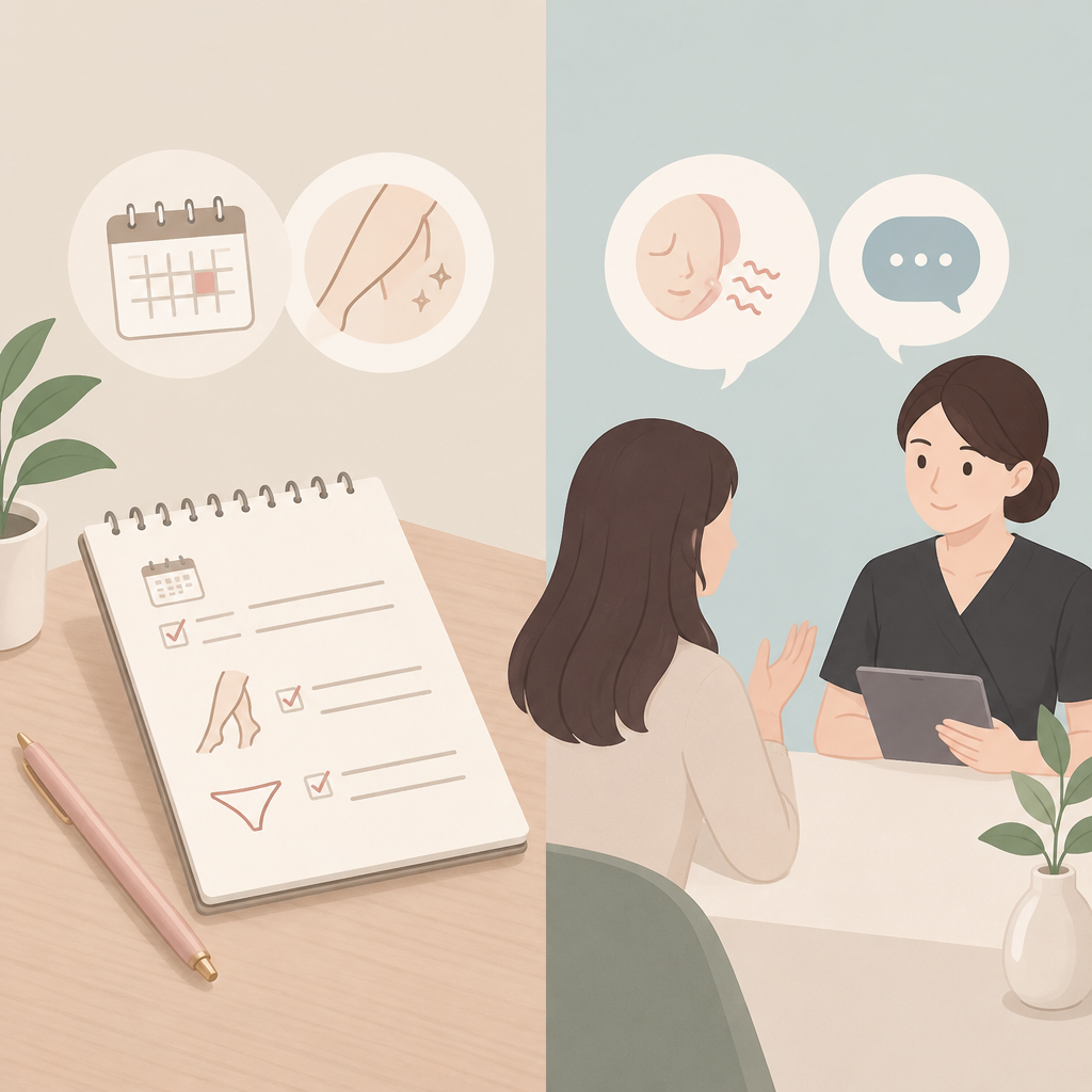 AI 생성 설명 이미지: 파주 왁싱샵 도도라인왁싱 파주운정본점 | 피부 변화 문의, 샵과 의료진에게 각각 무엇을 말할까요?