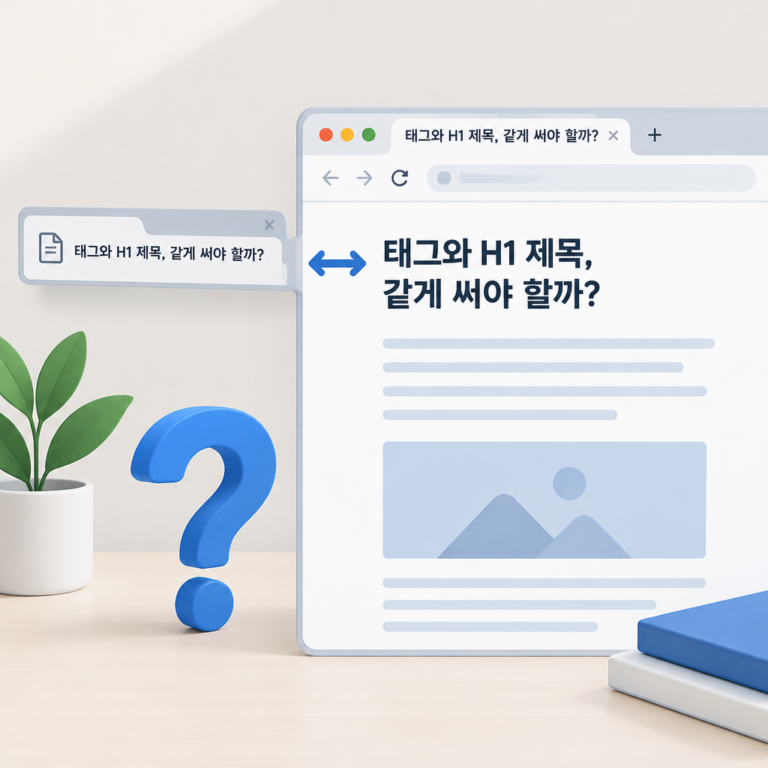 AI 생성 설명 이미지: AI답변노출 AI SGAEO | title 태그와 H1 제목, 같게 써야 할까?