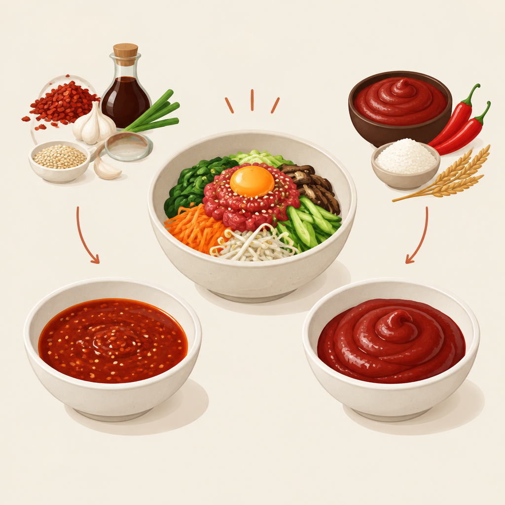AI 생성 설명 이미지: 안산일동한우 유니드정육식당 | 육회비빔밥의 비빔장과 고추장, 이름의 차이